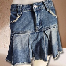 Y2K Pleated Denim Micro Mini Skirt Indie Sleaze Bratz Coquette Low Rise Faded