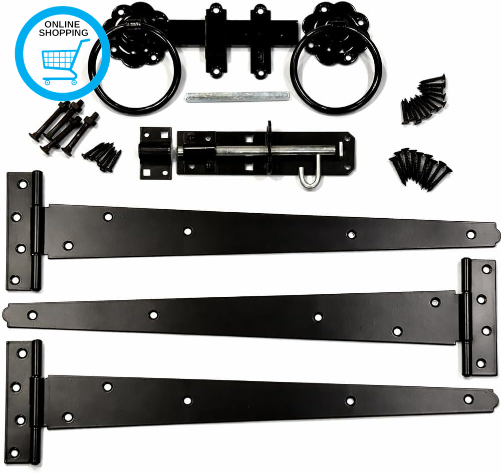 Ring Gate Latch Heavy Duty Black 10"" Tee Hinges, 6"" Ring Gate Latch, 6"" Brenton