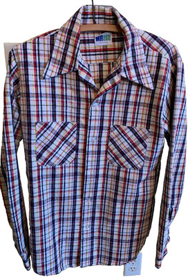 VTG Mr Dee Cee Shirt Men MED Button Red White Blue Yellow Cotton Nub Club Work