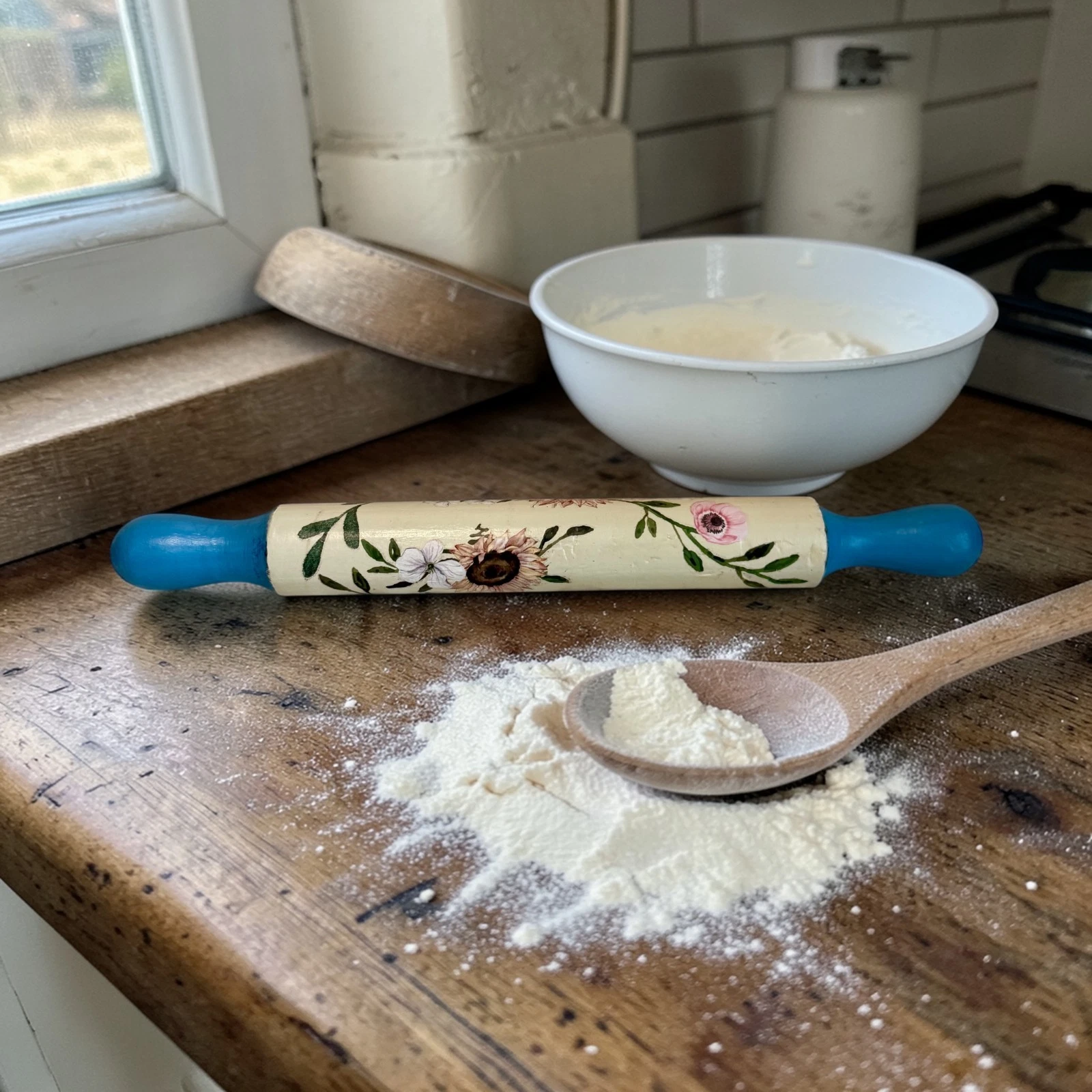 Vintage One Piece Wooden Rolling Pin Upcycled Hand Painted Cottage Core Decor