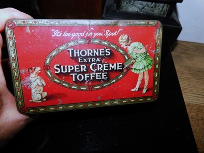 SAMMLERSTÜCK LEERE DOSE DORNEN SUPER CREME TOFFEE MÄDCHEN & SPOT THE BETTELNDER HUND DECKEL