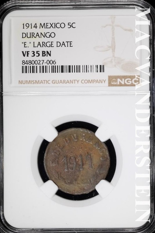Mexico: 1914 Five Centavos- Durango- NGC VF 35 BN- "E" Large Date #SLA1106