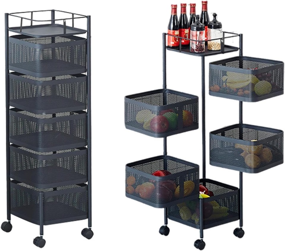 5 Tier Rotating Kitchen Storage Rack Rolling Utility Cart with Metal ...