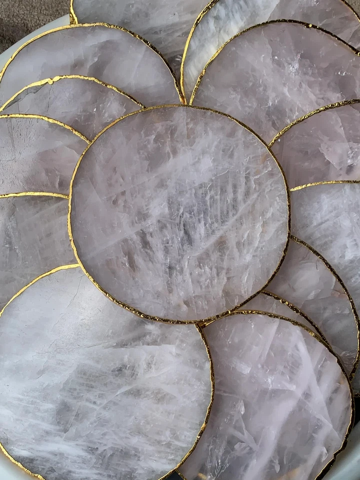 Posavasos de cuarzo rosa de 4" (4 pulgadas), geoda de ágata, montaña rusa, rebanada de ágata, borde dorado, pasador Foto 4 de 4