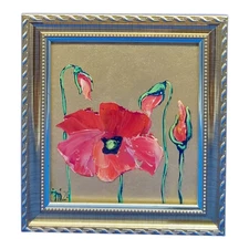Poppies Original Oil Painting Wildflowers Gold Framed Handmade Wall Art 4.8x4.3