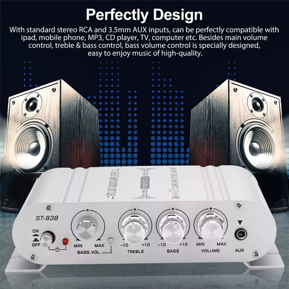 400W Mini Power ST-838 Amplifier Subwoofer 2.1Channel Stereo Audio HiFi Car Home - Image 4 of 4