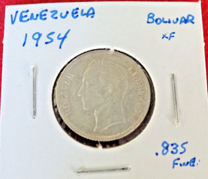 Foreign Coin       VENEZUELA 1954   Bolivar  SILVER  Circulated