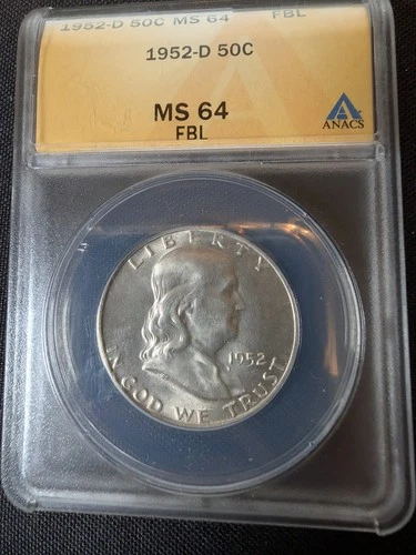 1952-D Franklin Half Dollar ANACS MS64 FBL - Full Bell Lines - 90% Silver