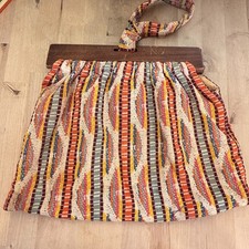 Vintage Tapestry Boho Handbag Wood Tops, Loop Handle, Wavy Stripes Retro Purse