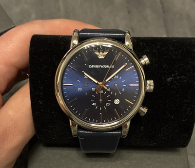 Emporio Armani AR11451 Chronograph Armbanduhr Edelstahl Blau Leder Box