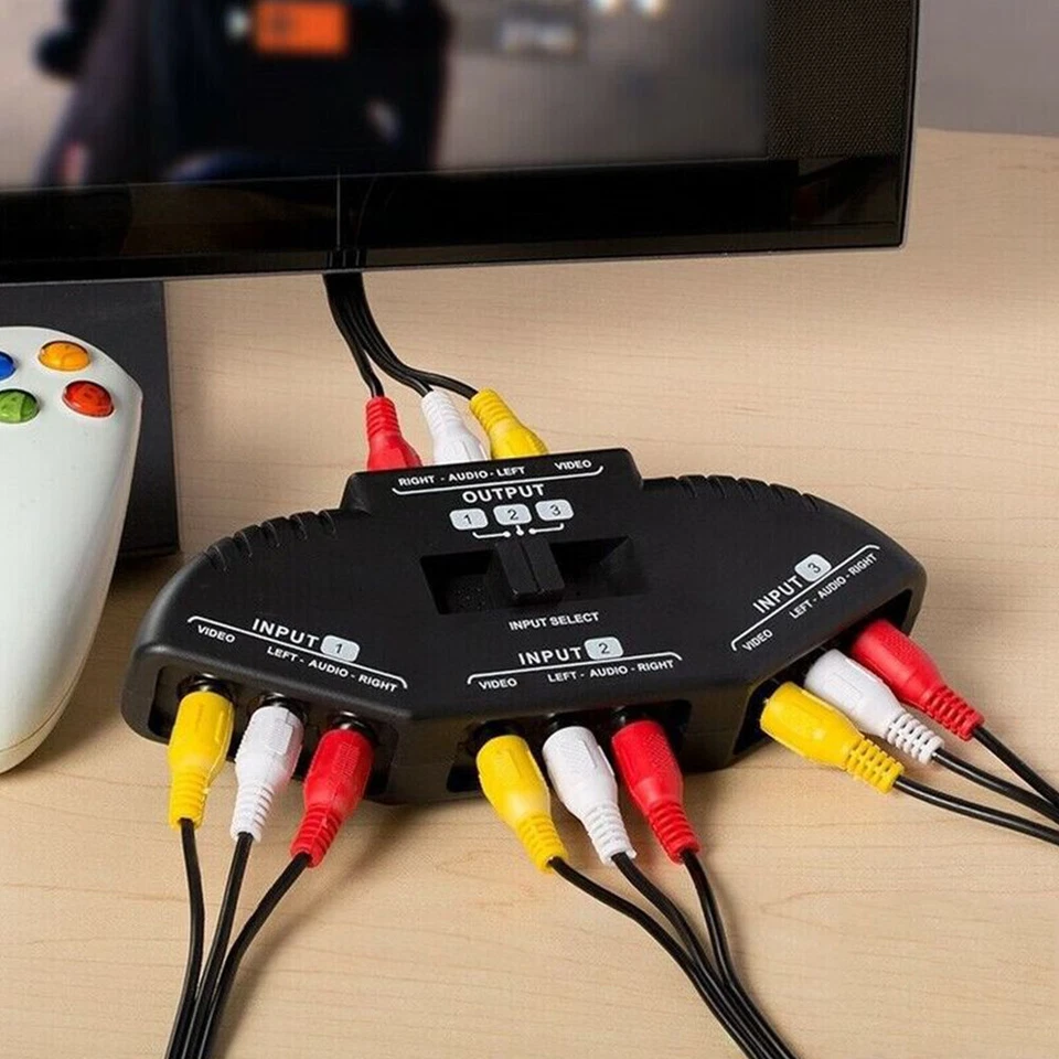 w/ Cable Plug Splitter Cord Switch AV Composite RCA 3 Port Selector Box↗ - Image 2 of 4