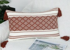 Decorative Boho Lumbar Pillow Cover with Tassels 12x20 Inch, Cream  Rust Brown