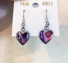 PAUA SHELL HEART Earrings.  Silver metal color, hook back.  FAST SHIPPING.