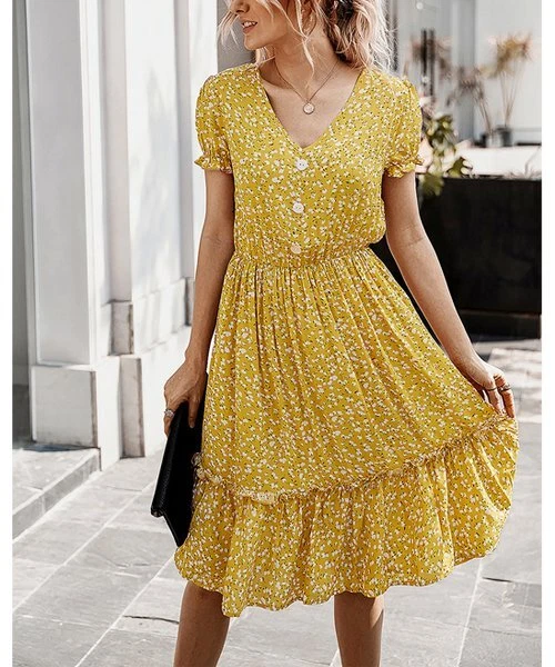 Robe A Line à volants abstraits jaune boutonné avant taille L