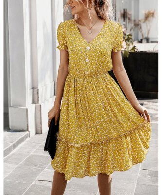 Yellow Abstract Ruffle-Hem Button-Front A-Line Dress Size L