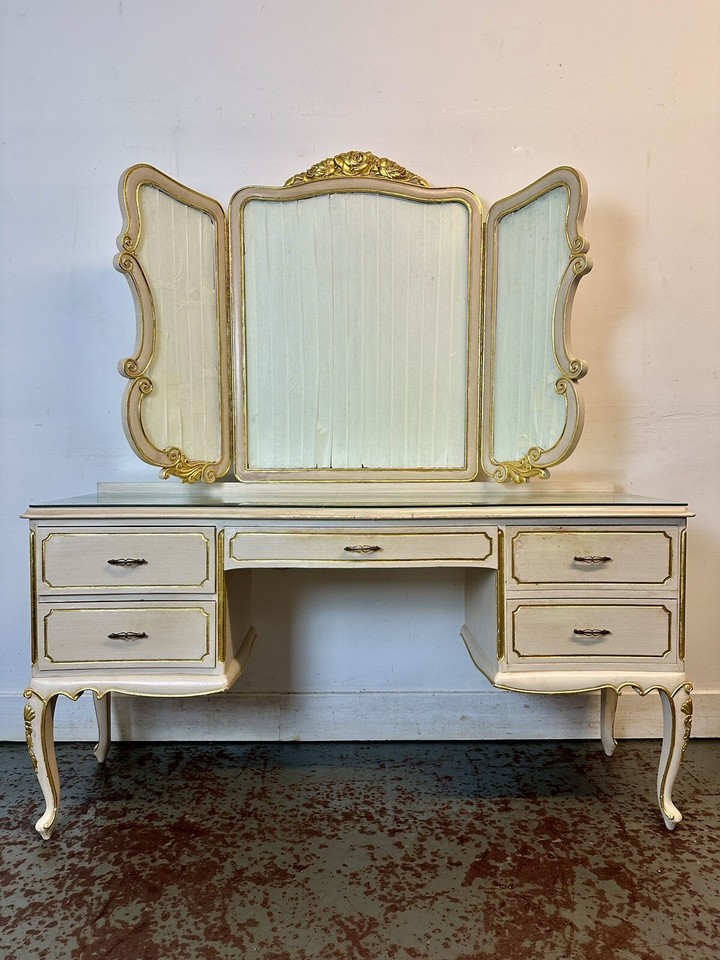 Antique French Dressing Table & Stool. Mirrored White & Gold. Rare