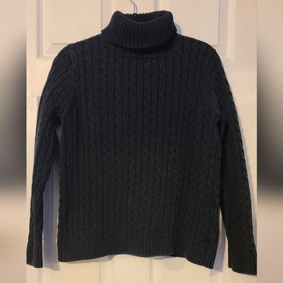 LL Bean Black Cotton Classic Cableknit Turtleneck Sweater L
