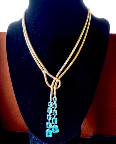 RARE 40'S TRIFARI VERMEIL STERLING DOUBLE SNAKECHAIN RHINESTONE LARIAT NECKLACE - Picture 2 of 9