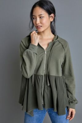 New Anthropologie T.la Lavande Tunic Hoodie Zip Front Moss Green XS $128 NWT 