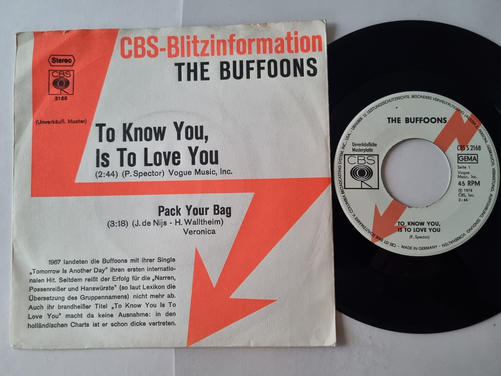 The Buffoons - To Know You Is To Love You 7'' Vinyl Germany PROMO