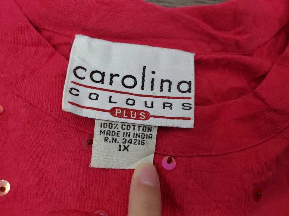 VINTAGE Mujer Talla Grande 1X Rojo Carolina Colores Flores Camisa Lentejuelas Camiseta XL Foto 2 de 4