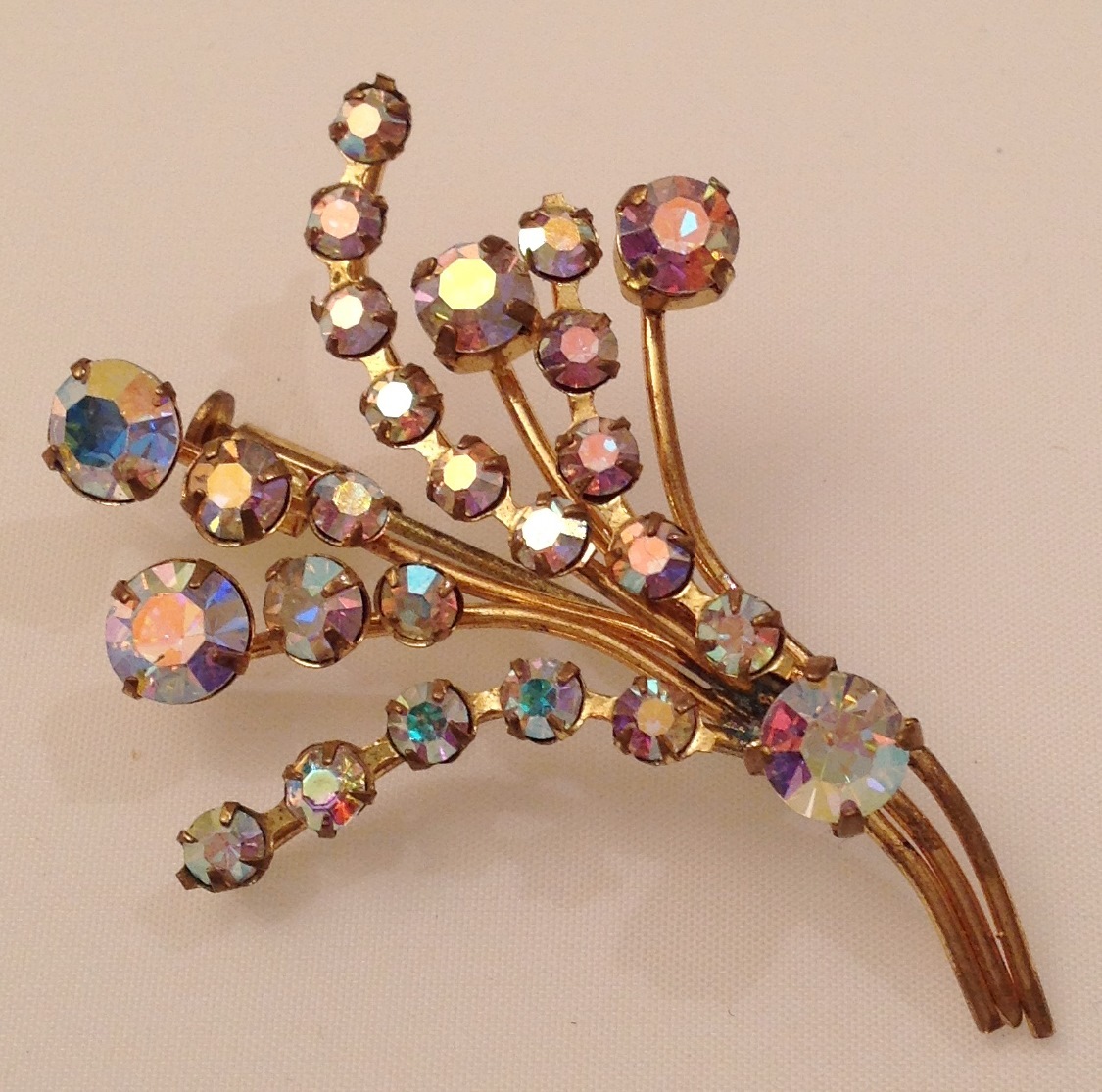 Broche Ancienne Vintage - Cristaux Boréalis, Couleur Or, état Impeccable - Bijou Fantaisie