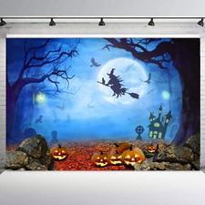 10x8ft Scary Full Moon Witchy Bat Halloween Blue Vinyl Backdrop Photo Background