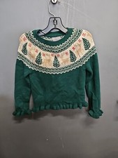 Girls Tahari Green Reindeer Christmas Sweater Frilled Cuffs And Waist Sz S