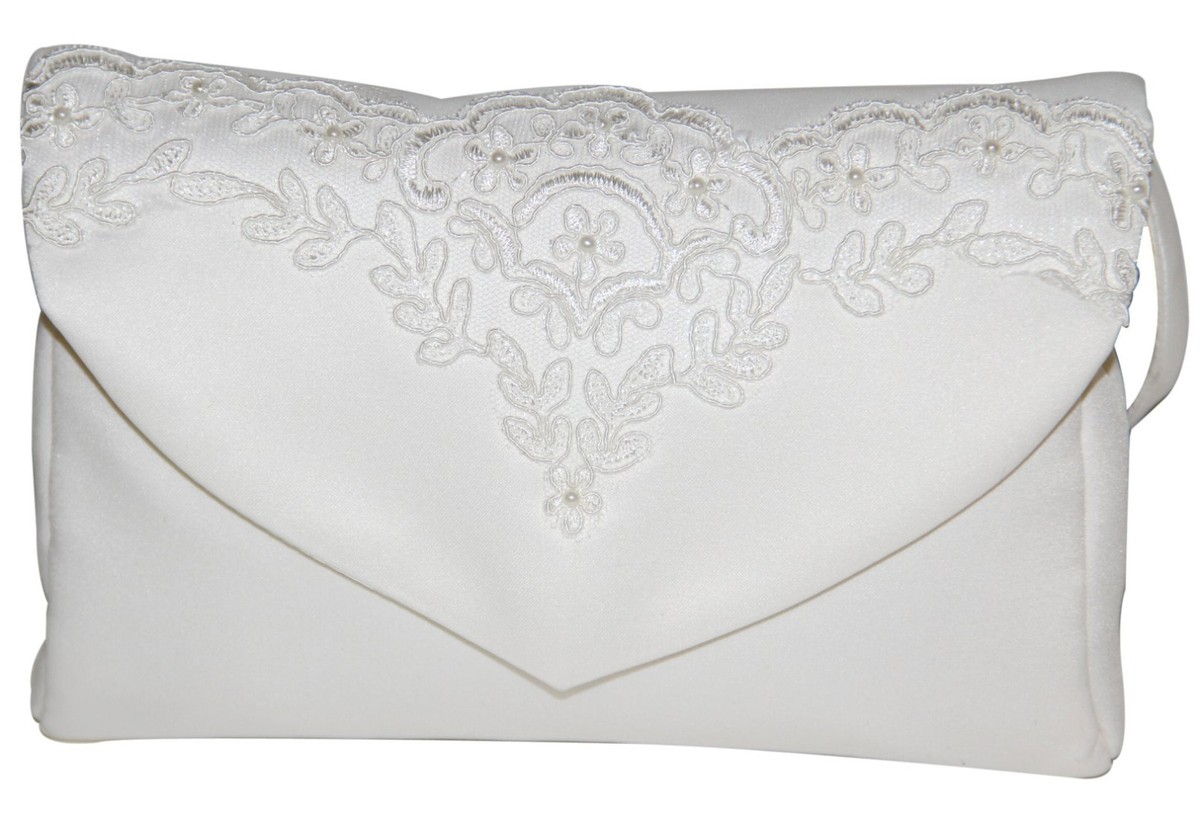 HBH Brautmoden Satin Brauthandtasche Beutel mit Spitze Perlen,Weiß