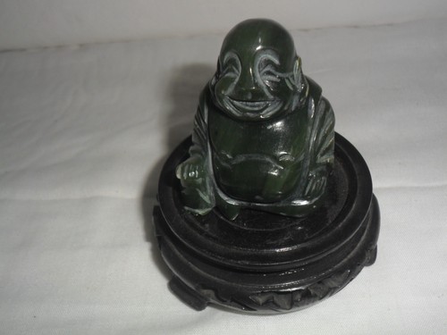 Buddha In Giada con base in legno- Jadeite anni 80 - Foto 4 di 8