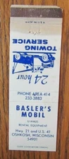 BASLER'S MOBIL GAS STATION MATCHBOOK MATCHCOVER: OSHKOSH, WISCONSIN -E15