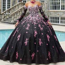Pink Blue Quinceanera Dresses Detachable Long Sleeves Applique Ball Sequin Lace