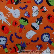 BonEful Fabric FQ Cotton Quilt Orange Purple White S B W Ghost Witch Owl Pumpkin