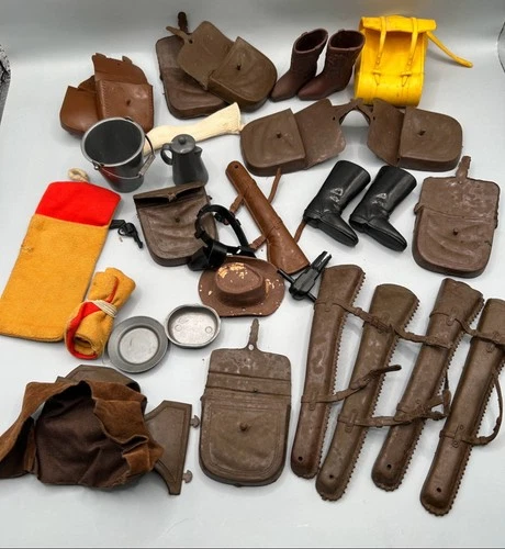 60s Marx Johnny West Accessory Lot Saddle Bags Rifle bed Rolls Boots Coffee Pot