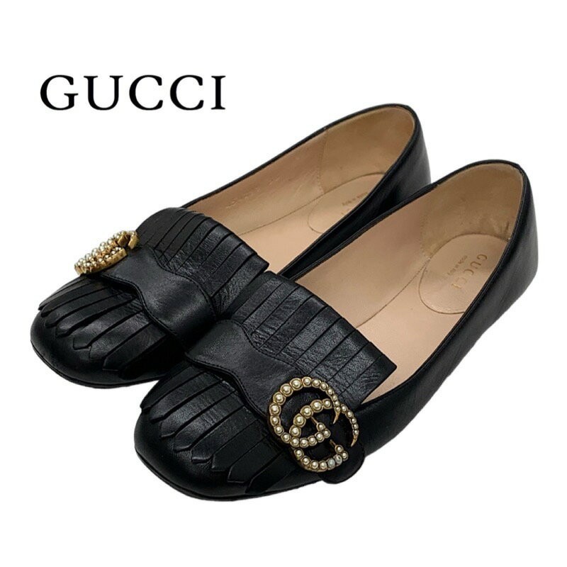 GUCCI Flat Shoes Pumps Double G GG Marmont EU 36 US 6 Leather Black Authentic