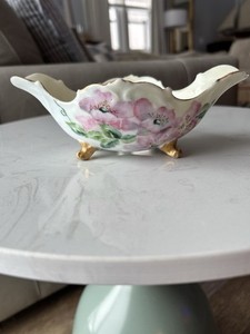 Porcelain footed bowl with hand-painted pink roses and gold trim