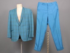 Men's VTG 60s Blue  Green Plaid 2 Tone Suit Sz M 1960s Drop Loop Pants