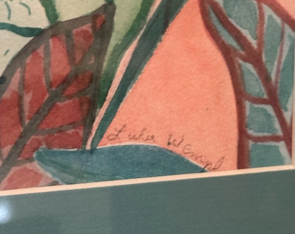 Pintura botánica acuarela abstracta original firmada por LULU WEMPLE, hojas Foto 3 de 4