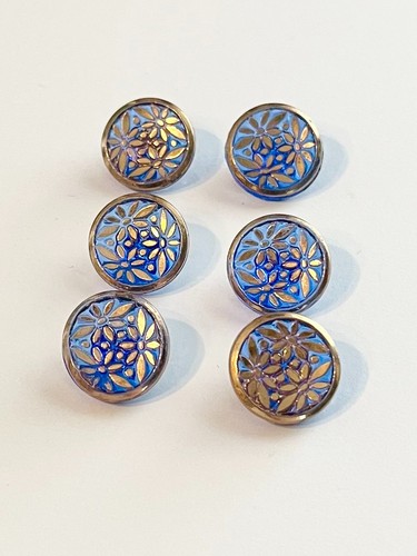 Vintage Blue Glass Buttons with Gold Gilt Flowers--1/2"--Set of 6