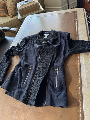 La Seine Faux Lace Moto Jacket Hi Lo Gold Zipper Accents Trim Open Waterfall M - Picture 8 of 11