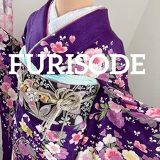 Pure Silk Long Sleeve Kimono Set Purple Peony Cherry Blossom Traditional Japanes