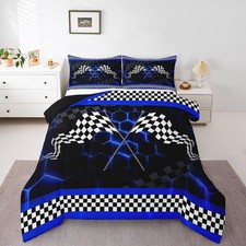Boys Girls Blue Race car Duvet Insert Twin Size, Racing Car Comforter Set Rac...