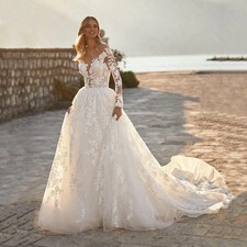 Elegant Wedding Dresses Lace Applique Long Sleeves Detachable Bridal Gowns 2PCS