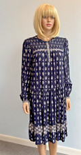 MONSOON Navy Blue & White Tiered Boho Ikat Print Dress Size M CH38"