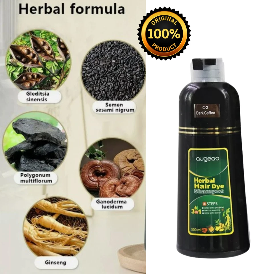 Augeas 3-in-1 Herbal Hair Dye Shampoo – Dark  Coffee– Covers Grey Hair, 500ml - image 2 of 4