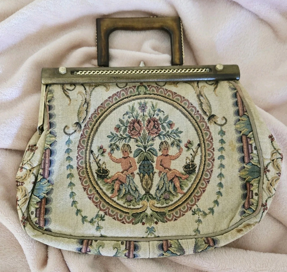 Cartera tapiz barroco querubín vintage años 50/60 hecha en ITALIA, madera, 13x9" Foto 3 de 4