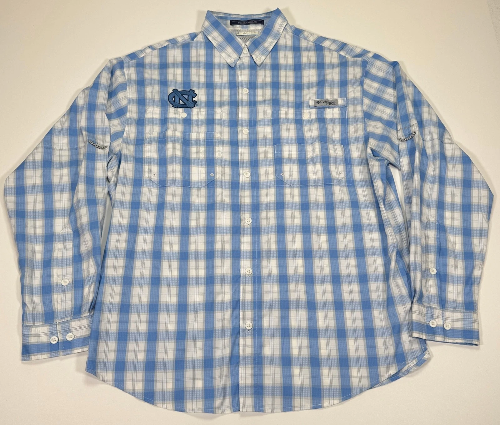 Columbia PFG Super Tamiami Mens L UNC Tar Heels Blue Plaid Fishing Shirt