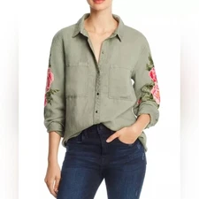 Rails, Small, Marcel Embroidered Long Sleeve Button Down, Sage With Pink Flowers