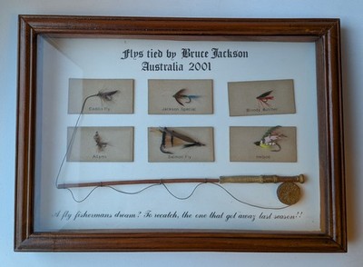 Fly Fishing Flies Framed In Wood - 6 Flies Tied By Bruce Jackson 2001 Australia 