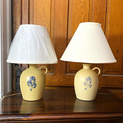 Ethan Allen vintage pair of stoneware jug table lamps w/ blue motif